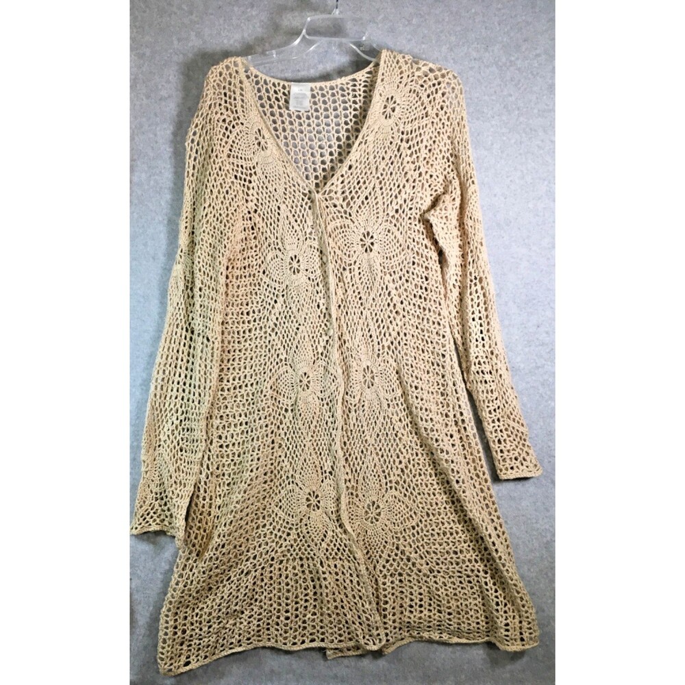 Womens Large Crochet Open Front Cardigan Boho Knit Lightweight Ivory Long Sleeve